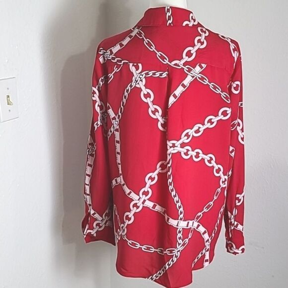 Susan Graver Red Blouse w/ White Chain Print, Longsleeve, Ties at Waist, Size 2 - Picture 7 of 9
